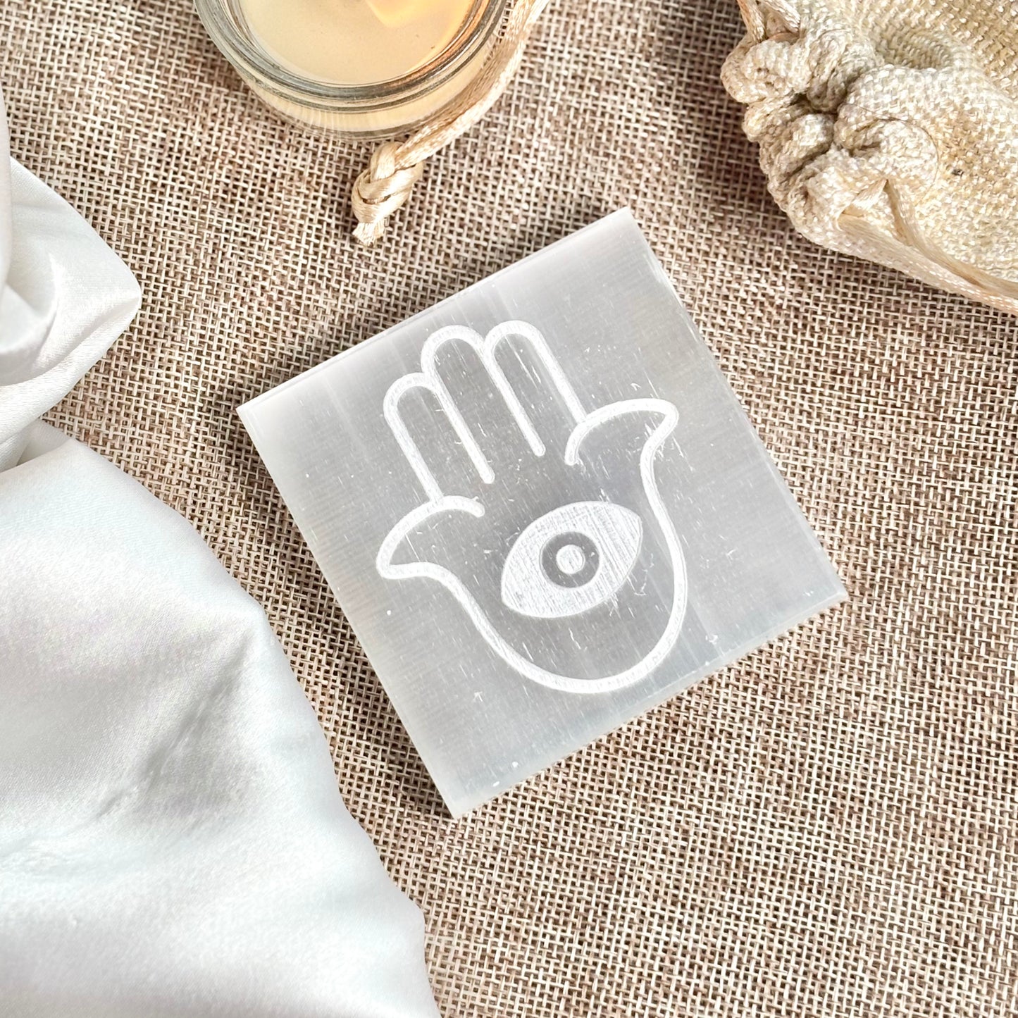 Hamsa Engraved Selenite/Satin Spar Plate