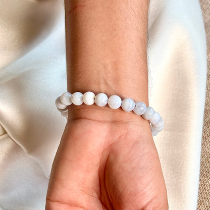 Blue Lace Agate Round Bead Bracelet - 8mm