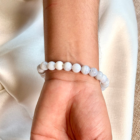 Blue Lace Agate Round Bead Bracelet - 8mm