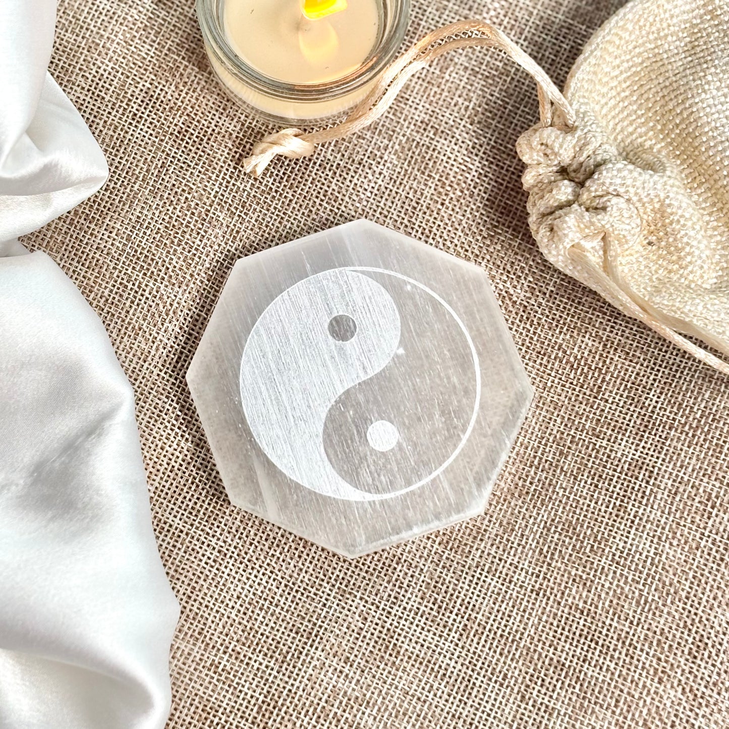 Yin-Yang Engraved Selenite/Satin Spar Plate