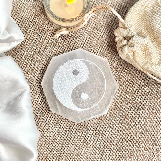 Yin-Yang Engraved Selenite/Satin Spar Plate