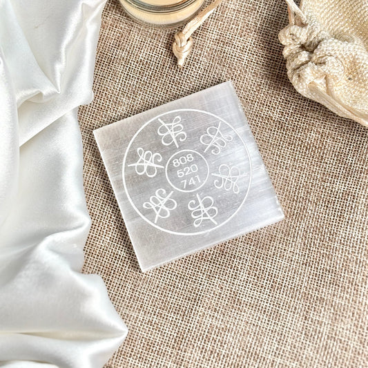Zibu Healing Symbol with Healing Code Selenite/Satim Spar Plate
