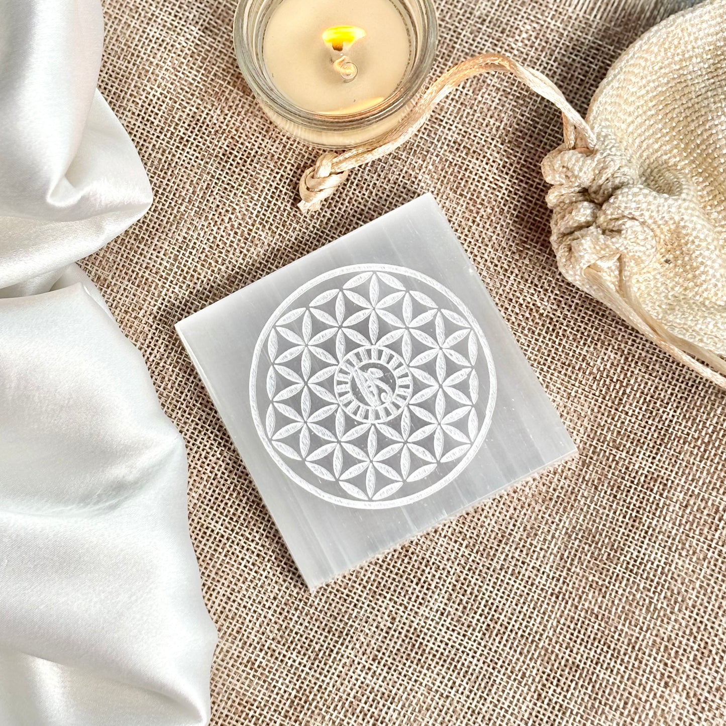 Flower of Life Selenite/Satin Spar Plate with Eye of Horus