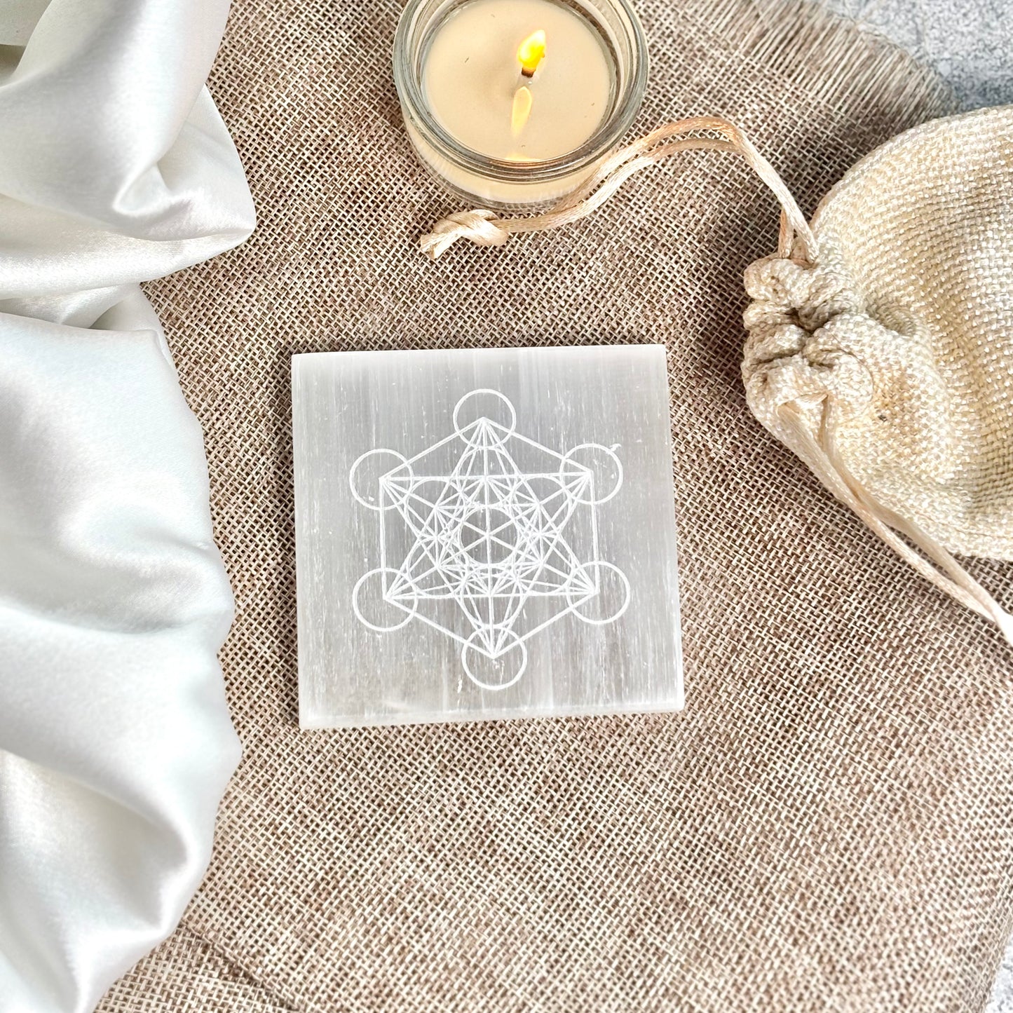 Metatron | Sacred Geometry Engraved on Selenite/Satin Spat Plate