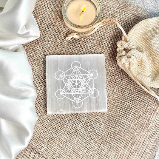 Metatron | Sacred Geometry Engraved on Selenite/Satin Spat Plate