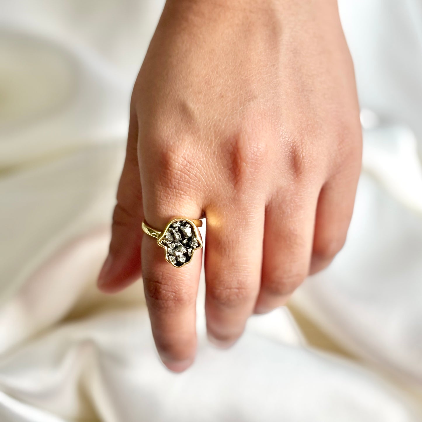Pyrite Hamsa Adjustable Ring