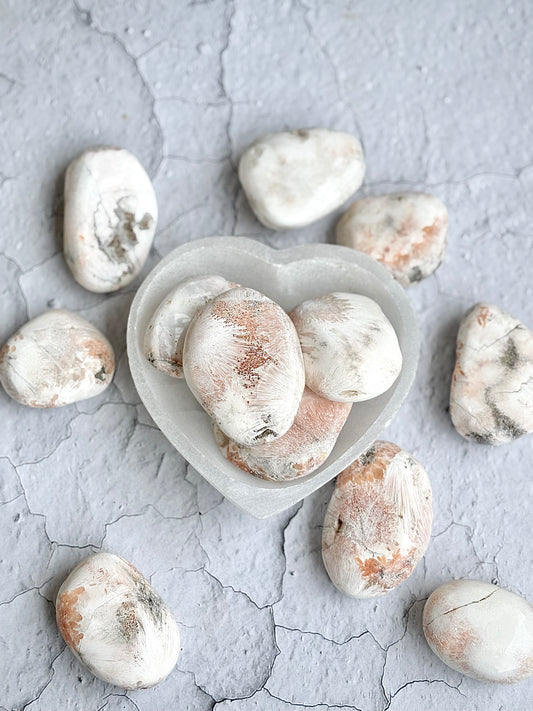 White with Orange Scolecite Inclusion Palm Stone