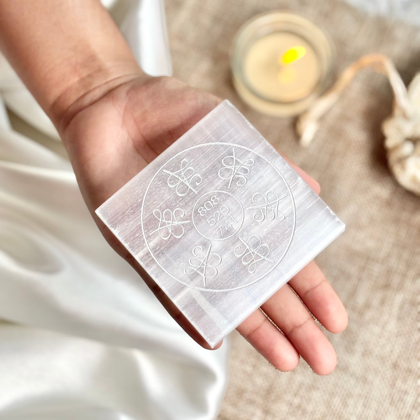 Zibu Healing Symbol with Healing Code Selenite/Satim Spar Plate