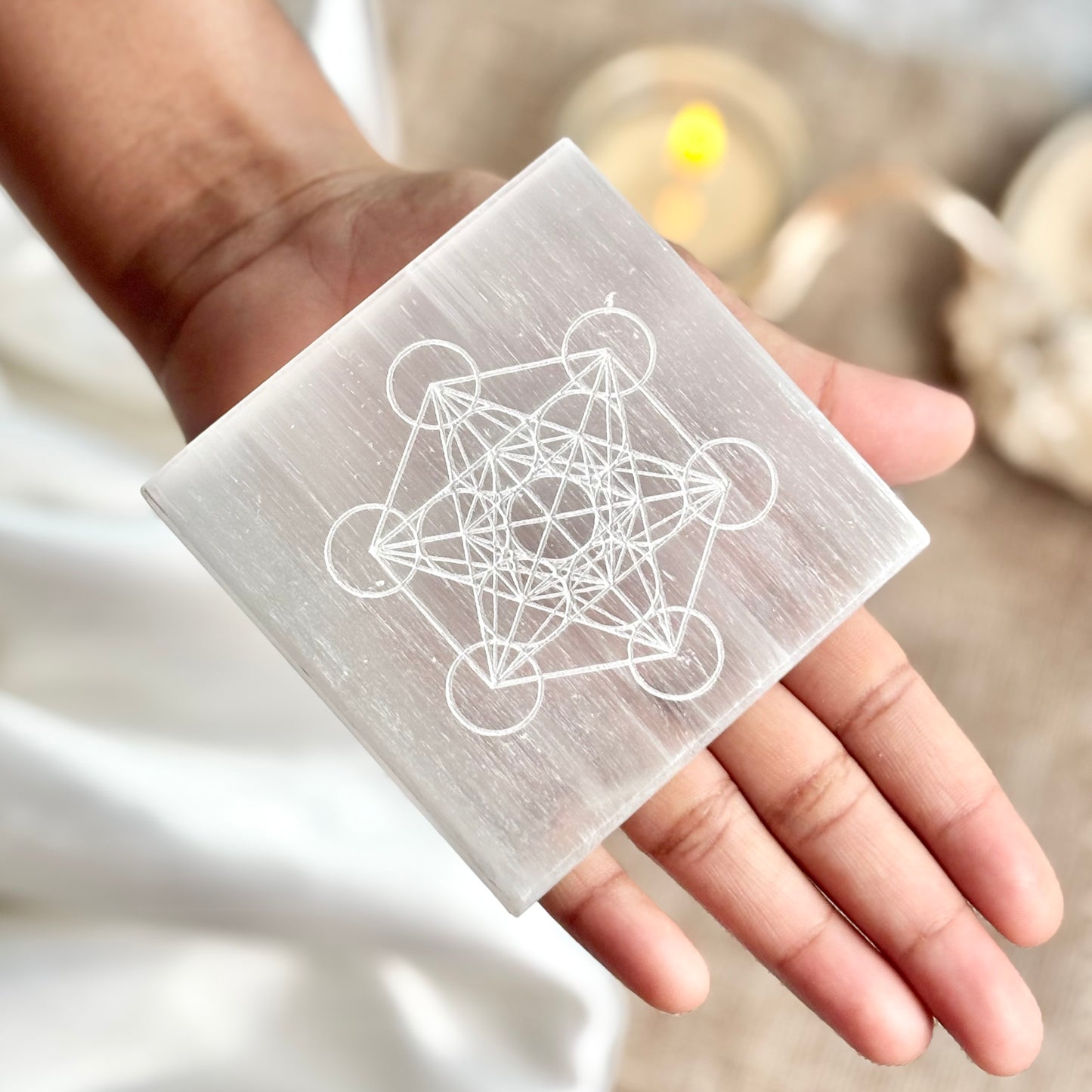 Metatron | Sacred Geometry Engraved on Selenite/Satin Spat Plate