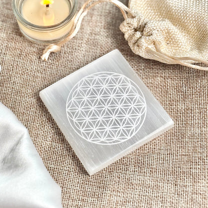 Flower of life Engraved Selenite/Satin Spar Plate