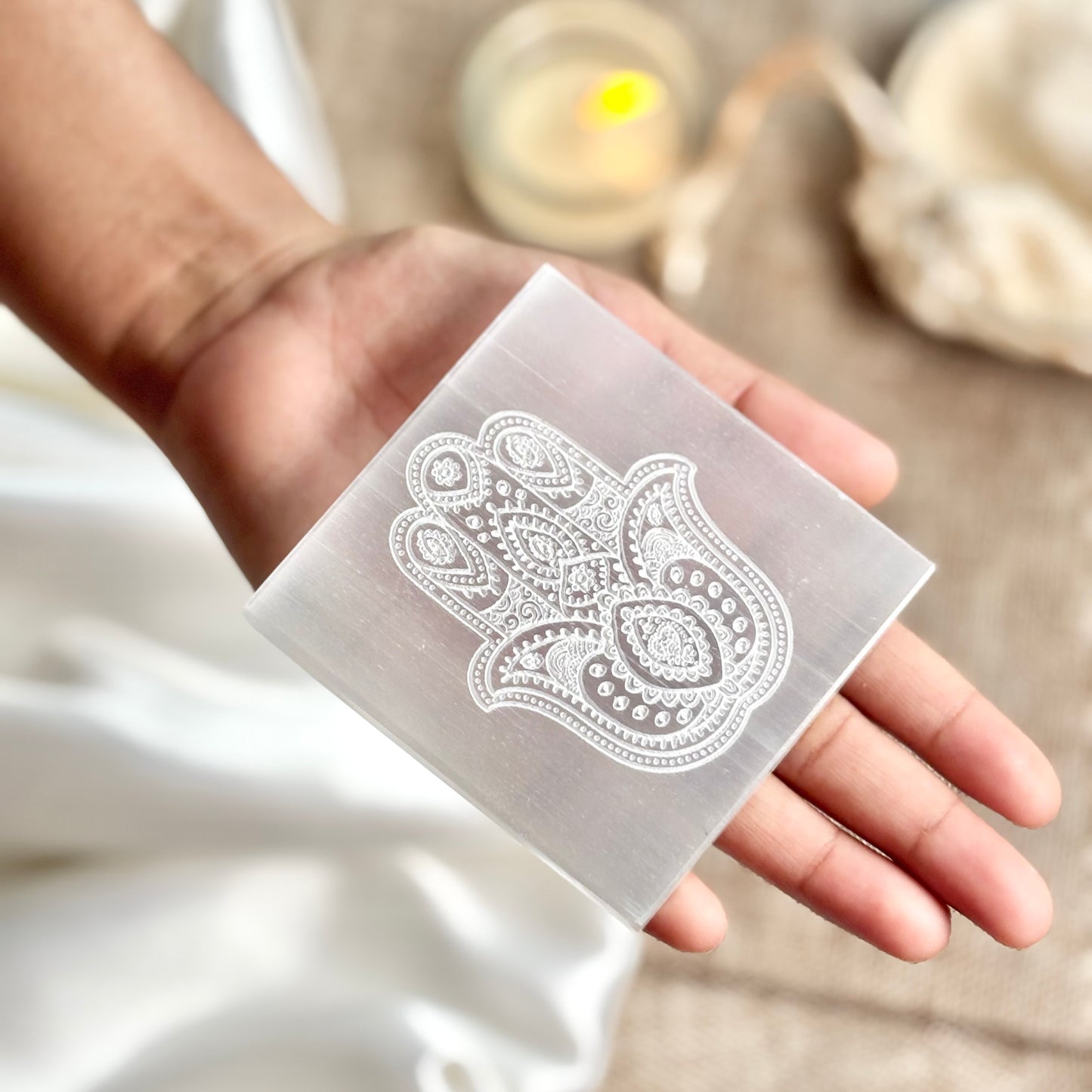 Decorative Hamsa Engraved Selenite/Satin Spar Plate