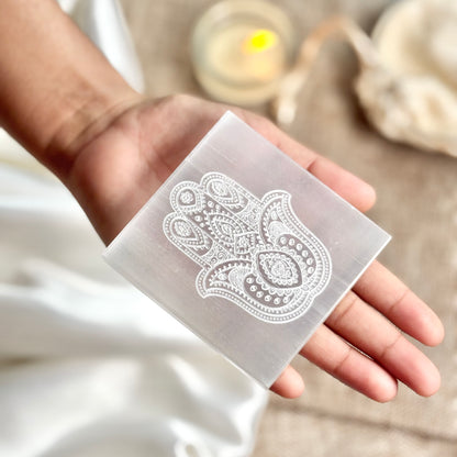 Decorative Hamsa Engraved Selenite/Satin Spar Plate
