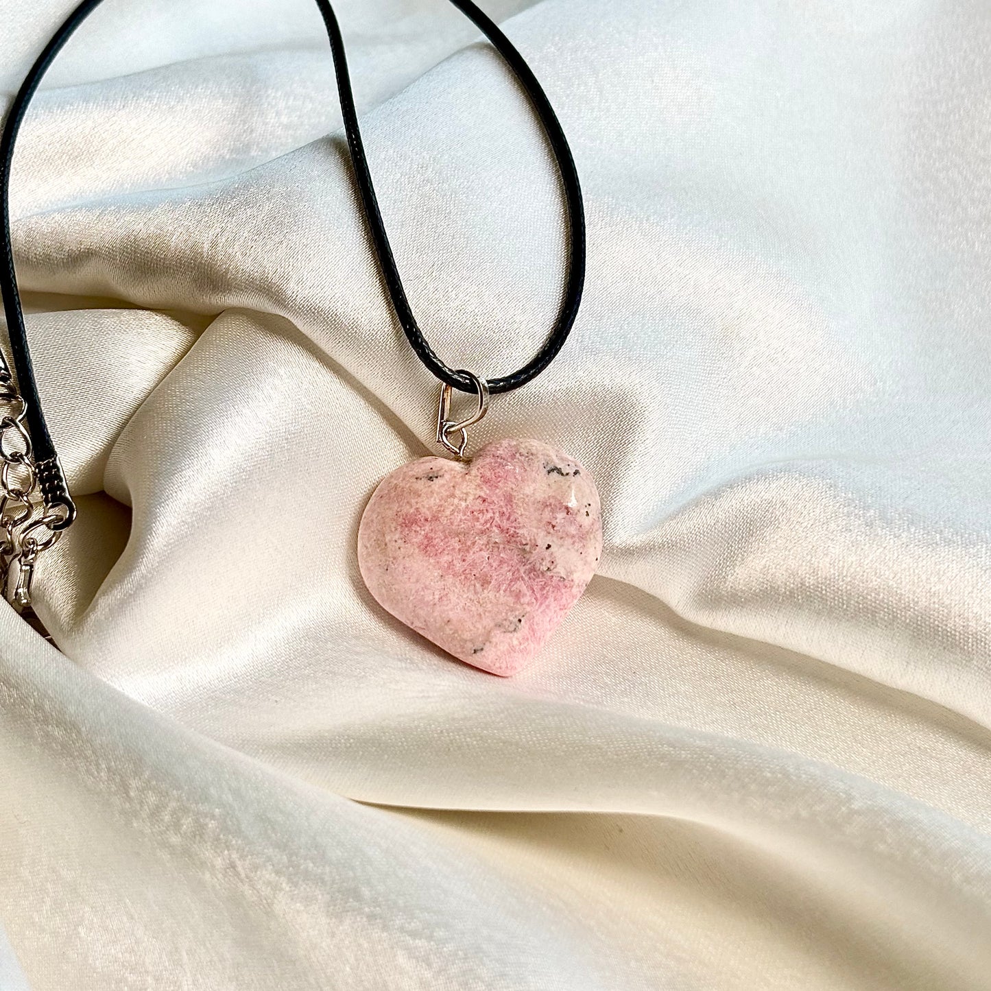 Rhodonite Heart Pendant with Black Cord