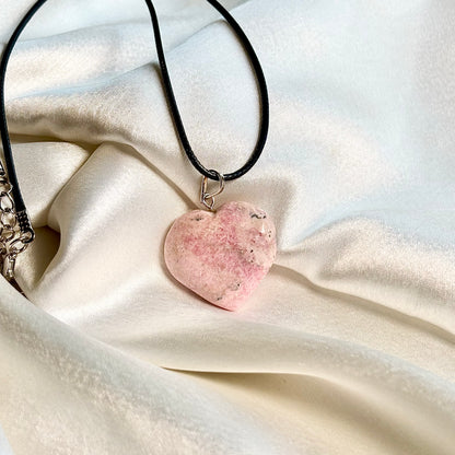 Rhodonite Heart Pendant with Black Cord
