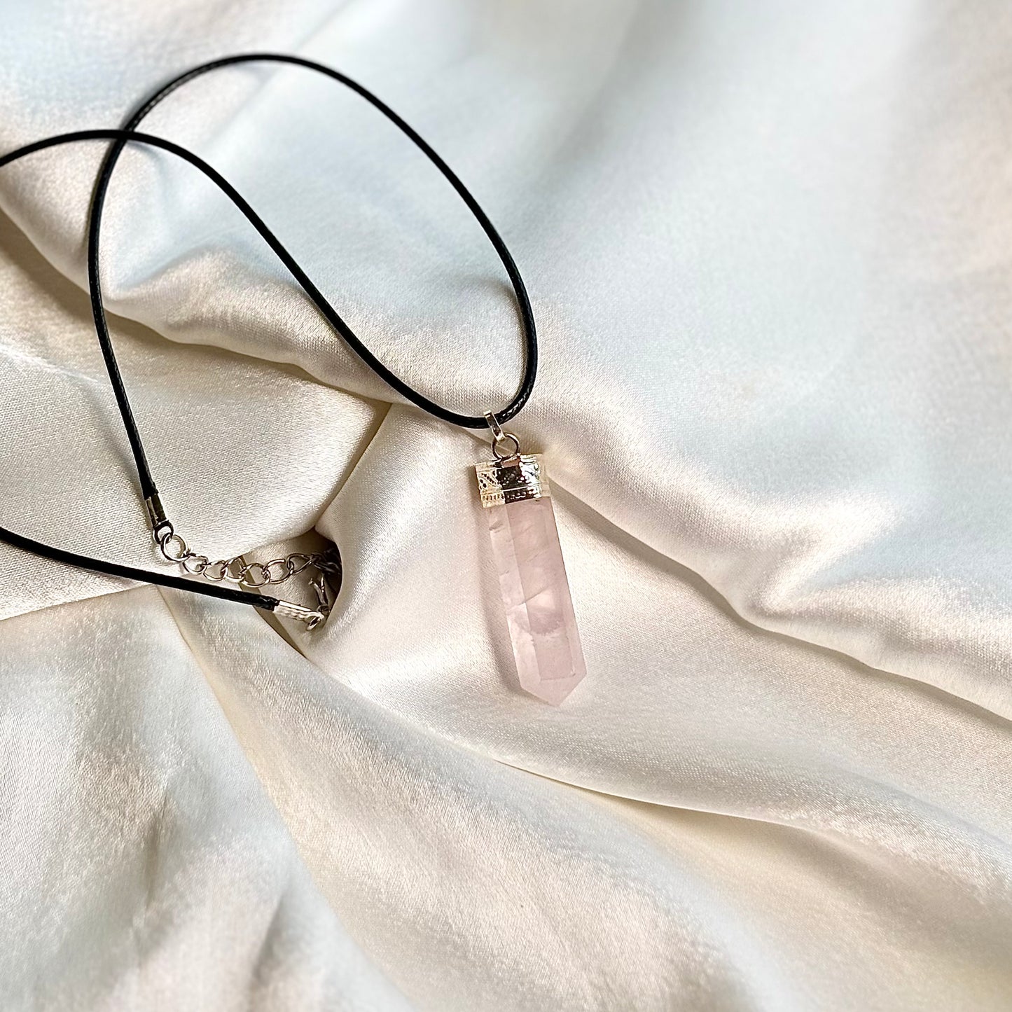 Rose Quartz Pencil Pendant with Black Cord