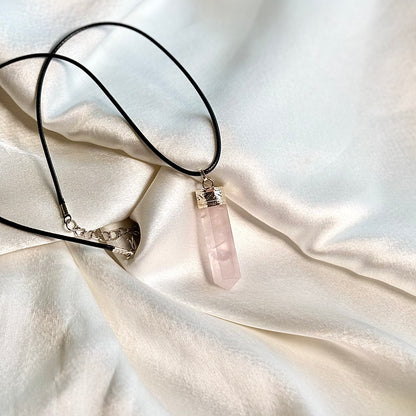 Rose Quartz Pencil Pendant with Black Cord