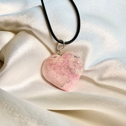 Rhodonite Heart Pendant with Black Cord