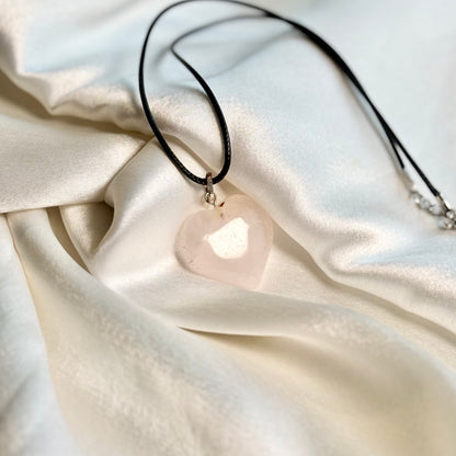 Rose Quartz Heart Pendant with Black Cord