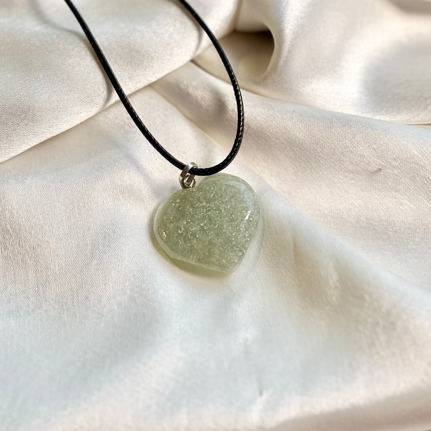Green Aventurine Heart Pendant with Black Cord