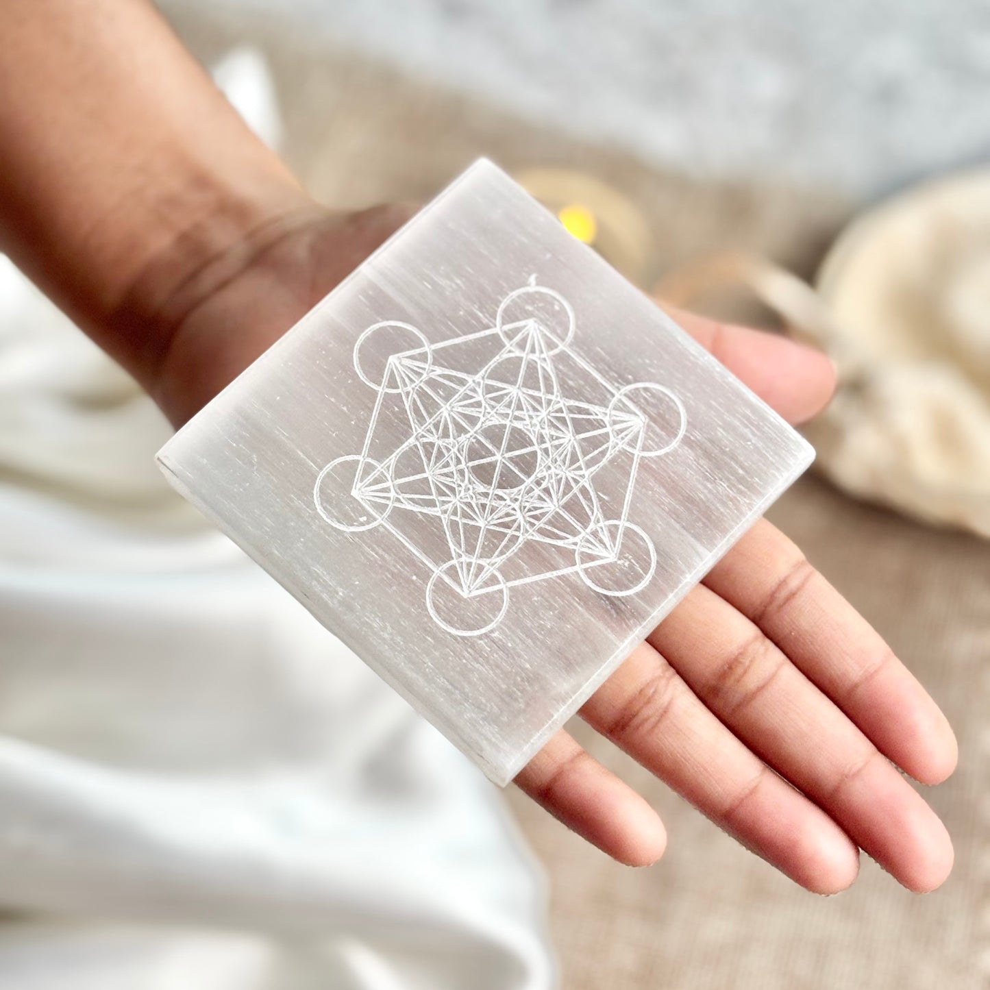 Metatron | Sacred Geometry Engraved on Selenite/Satin Spat Plate