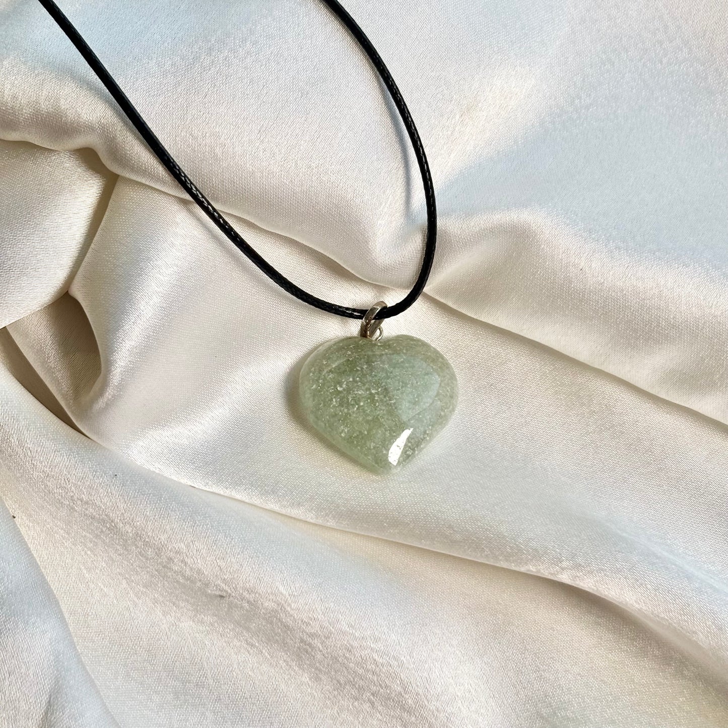 Green Aventurine Heart Pendant with Black Cord