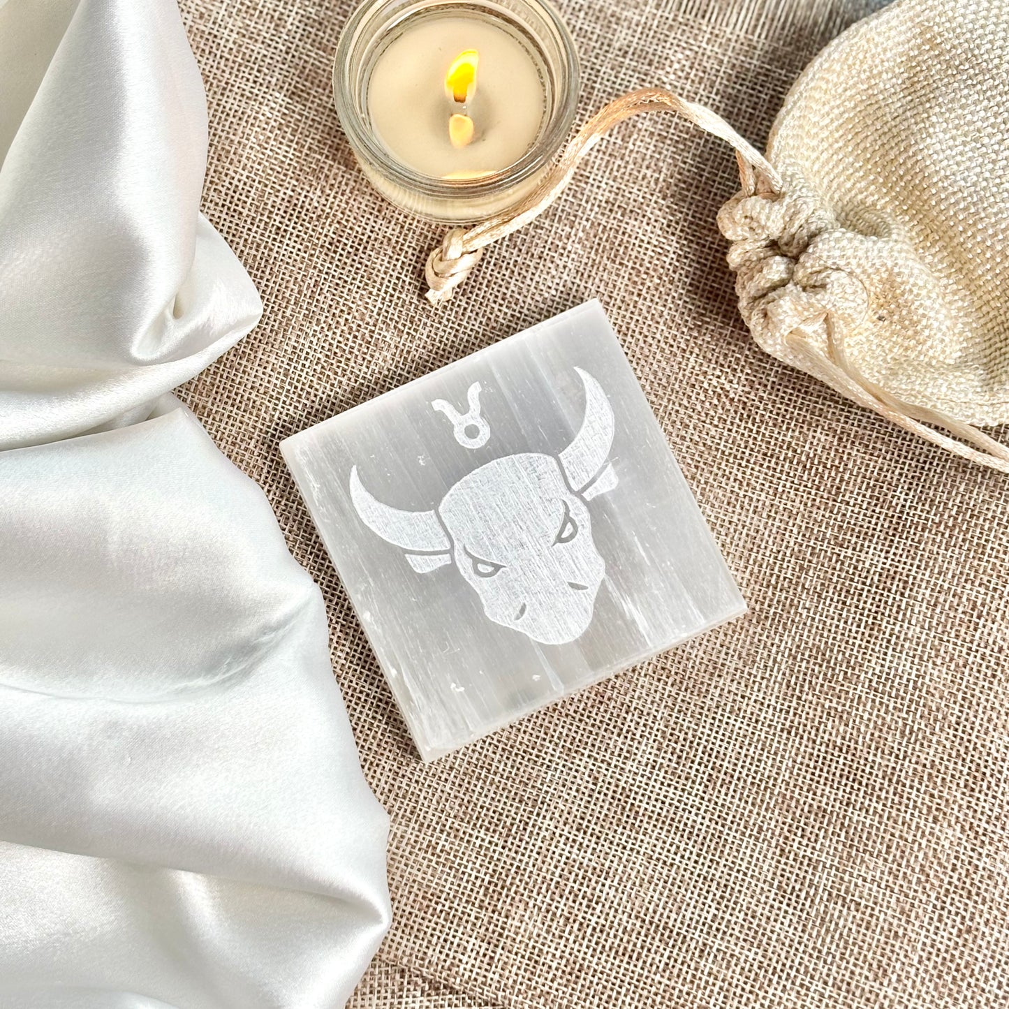 Taurus Zodiac Selenite/Satin Spare Plate for Recharging Crystals