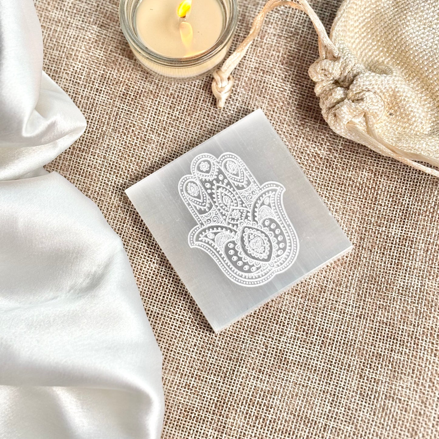 Decorative Hamsa Engraved Selenite/Satin Spar Plate