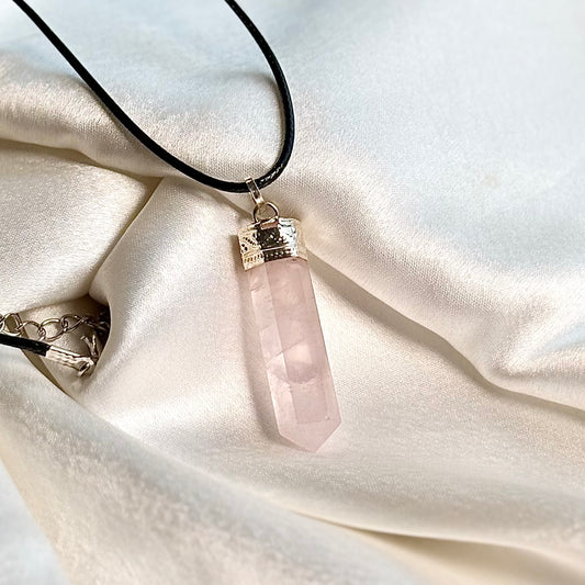 Rose Quartz Pencil Pendant with Black Cord