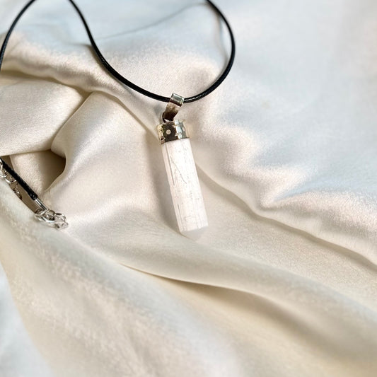 Selenite Pencil Pendant with Black Cord