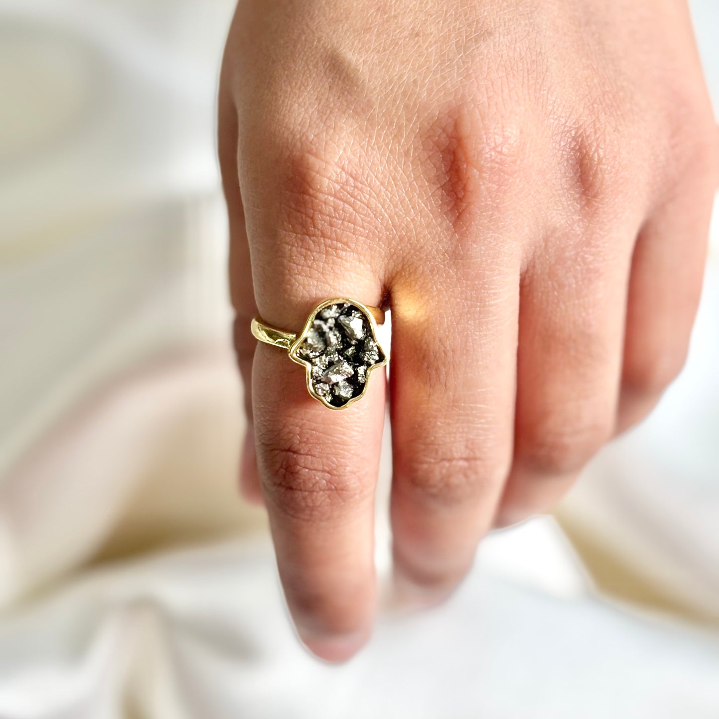 Pyrite Hamsa Adjustable Ring
