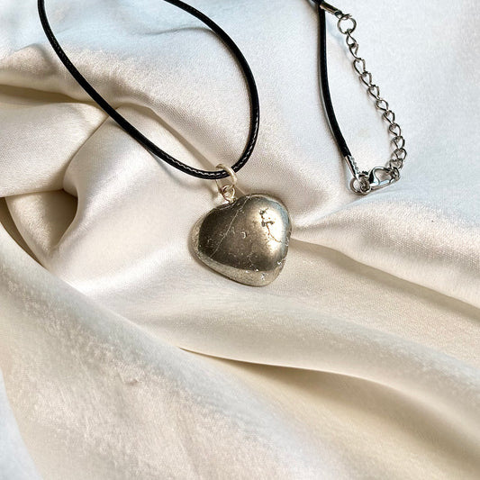 Pyrite Heart Pendant with Black Cord
