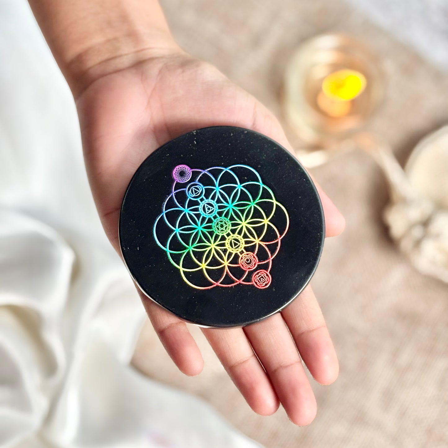 Flower of Life Engraved Black Obsidian Plate/Disk/Coaster