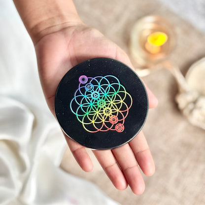 Flower of Life Engraved Black Obsidian Plate/Disk/Coaster